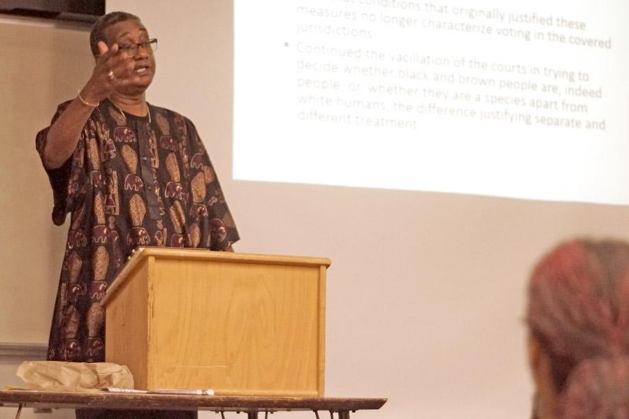 Ethnic Studies professor Fritz Pointer speaks to students during the W.E.B DuBois Lecture Series in HS-101 on Sept. 17.