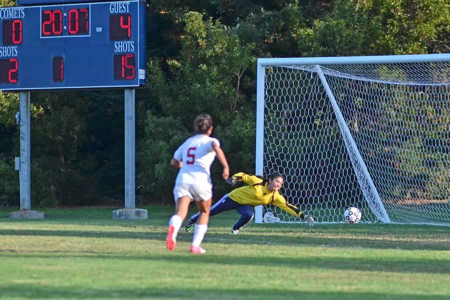 Comet goalkeeper Cristy Garcia (center) leaps to try and make a save during the second half of CCC's 5-0 loss to Bakersfield College at the Soccer Field on Friday.