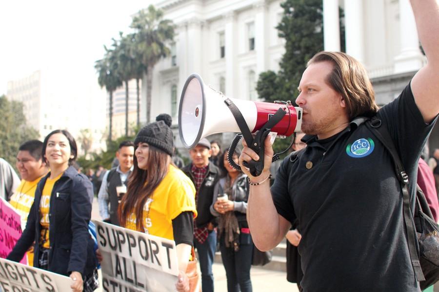 Diablo Valley College student Keith Montes initiates an impromptu march  toward the California community colleges Chancellor’s Office during the annual March in March in Sacramento on Monday.