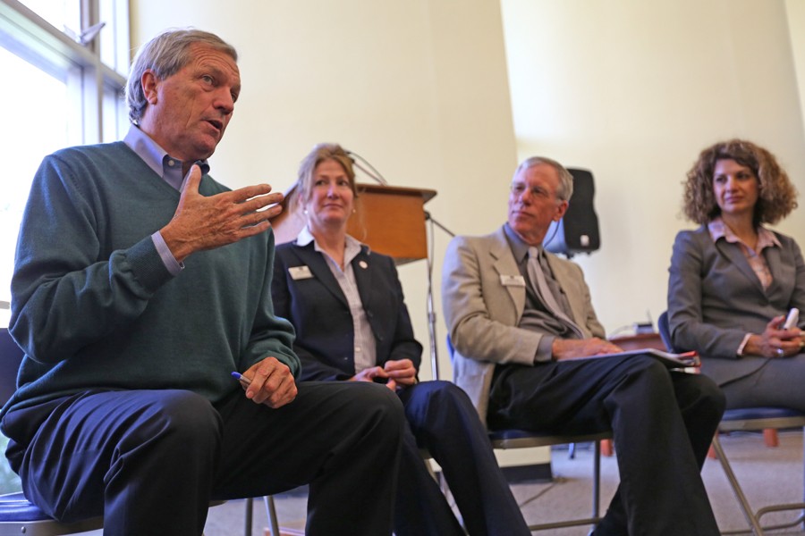 United States Congressman Mark DeSaulnier discusses educational issues and possible reforms to a group of students, faculty and administrators in the Library and Learning Resource Center on May 6.