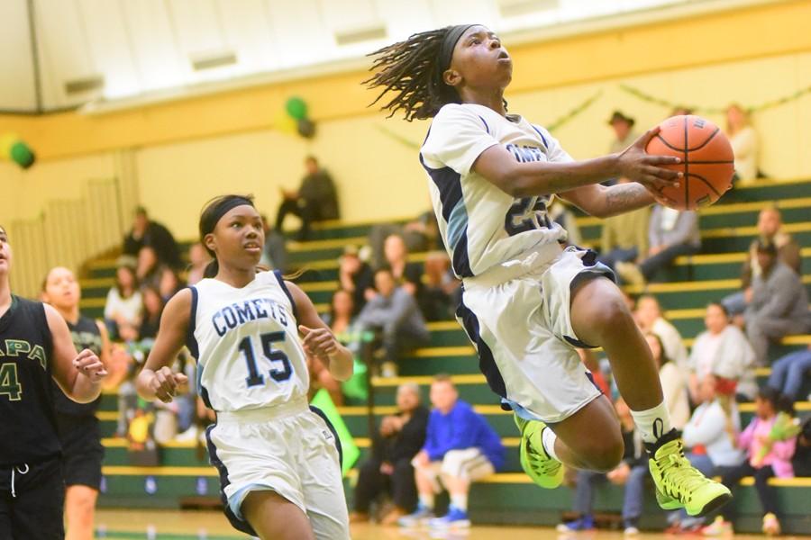 Comet guard Ahjahna Coleman leaps for a lay up during CCC’s 66-56 loss to the Storm at Napa Valley College on Feb. 20.