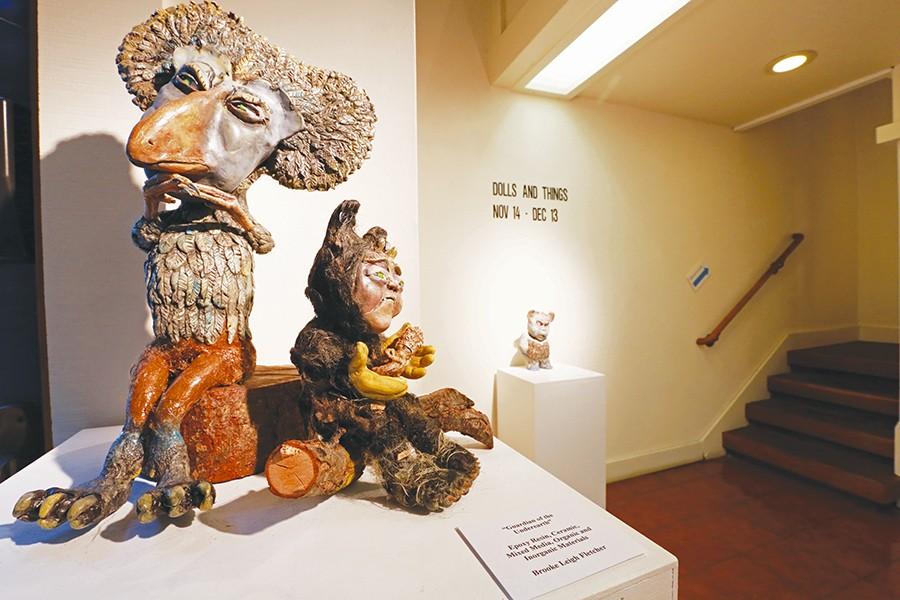 “The Plotting” (left) and “Guardian of the Underneath” (right) by Brooke Leigh Fletcher are on display in the “Dolls and Things” exhibit in Maple Hall at the San Pablo Art Gallery. 