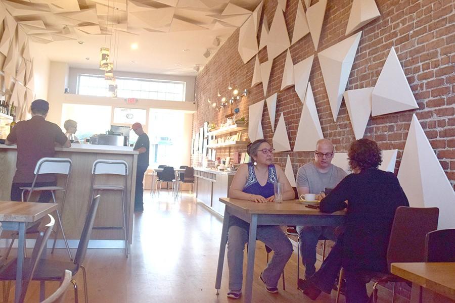 Richmond+residents+Shelley+Okimoto+and+Stuart+Ake%2C+sit+across+Oakland+resident+Alexis+Miller+as+they+enjoy+a+nice+conversation+in+Point+Richmond%E2%80%99s+newest+cafe%2C+Kaleidoscope+Coffee%2C+located+in+Park+Place+on+Sunday+afternoon.