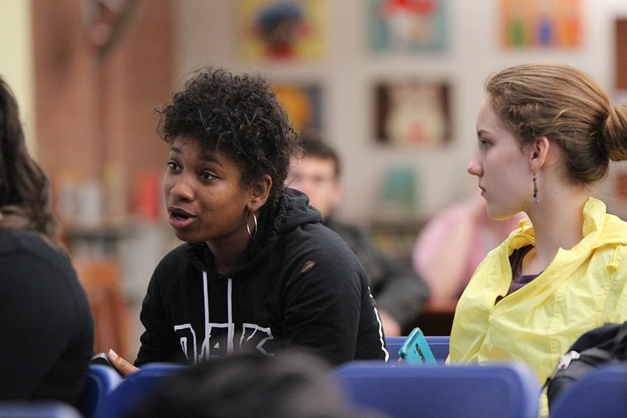 Louisa Jackson (LEFT), a business administration major, asks a question during the “Political Activism, Beyond the Ballot Box,” event at the Library and Learning Resource Center on Thursday.