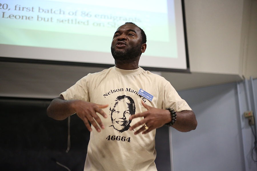 EOPS, CARE and CalWORKs Program Manger George Mills vibrantly explains the legacy of Liberia in LA-100 during the Out of Slavery event on Saturday.