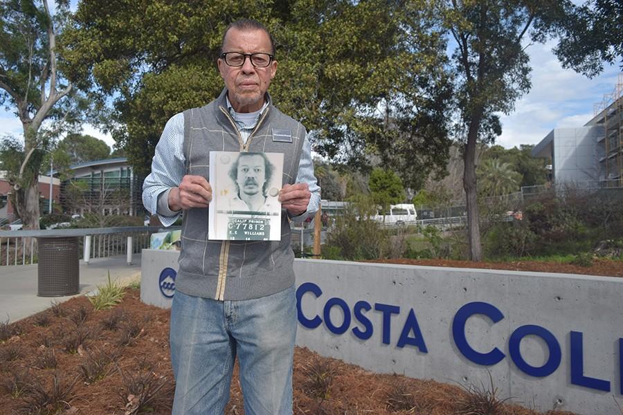 Edward Williams holds his mug shot from 1983 taken at California State Prison in Vacaville. Williams is attending CCC to gain a counseling certificate to counsel youth who are currently on a path to the prison system. 