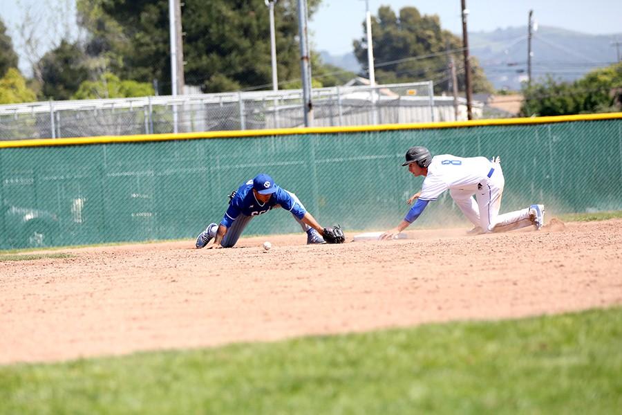 Comet first basemen Allen Ressler tags second base after an error by Falcon second baseman Tyler Thornly during CCC’s 6-5 win over Solano Community College at the Baseball Field on Saturday.