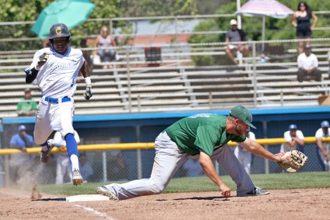 Comet outfielder Bryce Hutchings fails to beat the throw at first base and is called out during CCCs loss to Laney College at the Baseball Field on Saturday. 