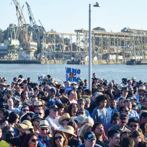 A Sen. Bernie Sanders supporter holds up a Vallejo for Bernie sign among the 11,000 Bay Area residents within the Waterfront Park in Vallejo, Calif. at an impromptu campaign rally on Wednesday, May 18.