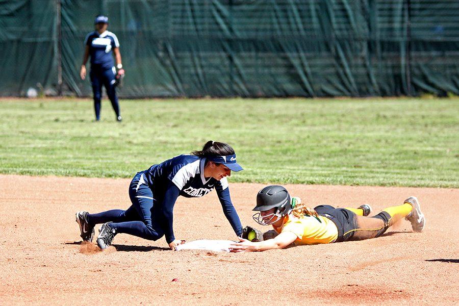 Comet infielder Angelica Espinal tags out Storm outfielder Jordan Baker during the Comets’ loss against Napa Valley College on March 31.