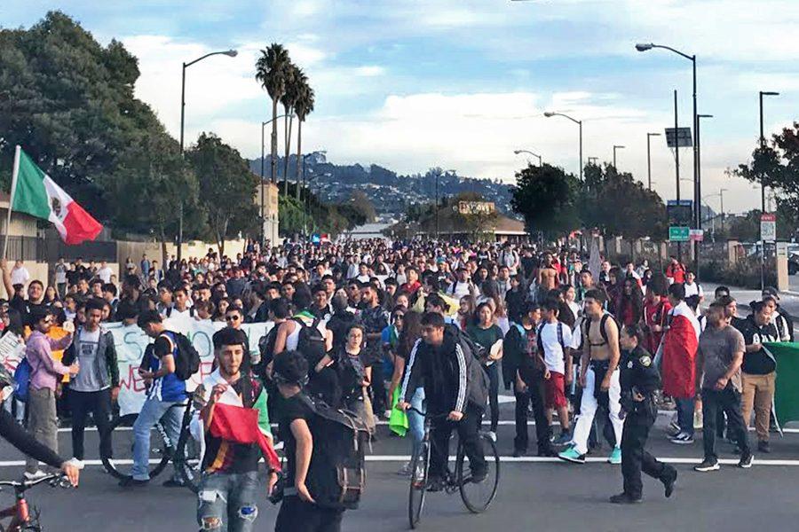Thousands of West Contra Costa County Unified School District high school students regroup at San Pablo Avenue and Vale Road on Thursday during their protest against the election of Donald Trump as president.