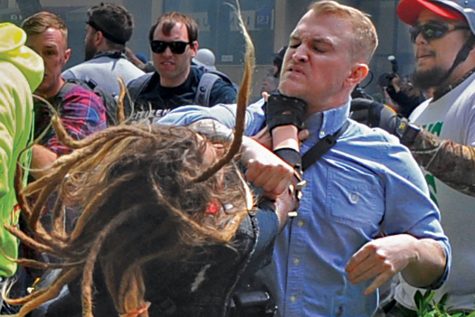 Rally organizer Nathan Damingo punches an anti-Trump supporter during the Patriots Day pro-Trump rally in Berkeley, Calif on Saturday. The protest began at the Civic Center Park on M.L.K Jr Way and ended at Shattuck Avenue at Center Street when pro-Trump protesters rushed anti-Trump protesters up Center Street.