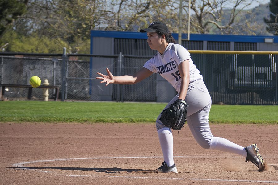 Comet pitcher Hulita Latu pitches during the Comets’ 16-2 loss against the
Los Medanos College Mustangs at the Softball Field in the first game of a
doubleheader on March 14.