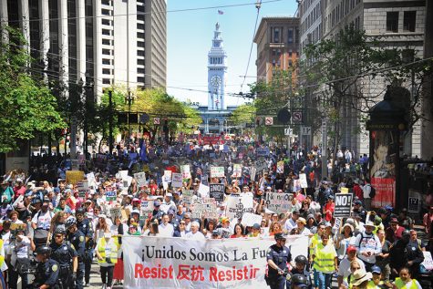 Thousands gathered for the May Day march from Justin Herman Plaza to the Civic Center in San Francisco on Monday.