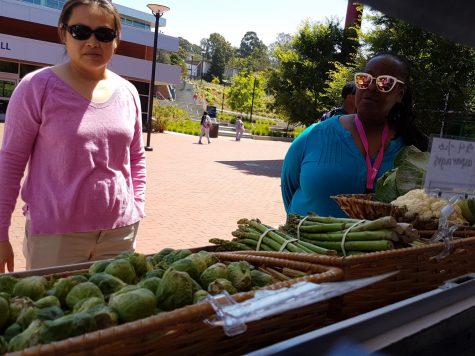EOPS assistant Chau Tran (left) shops at Fresh Approachs mobile farmers market in the Campus Center Plaza on June 19, 2017. 