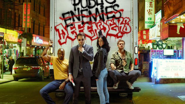 New York based super heroes Luke Cage (left), Daredevil (middle-left), Jessica Jones (middle-right) and Iron Fist (right) come together in the Marvel produced Netflix series The Defenders.