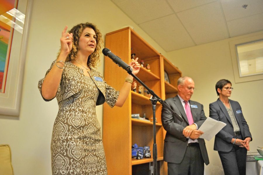 Contra Costa College president Mojdeh Mehdizadeh talks to the crowd at attendance during a Foundation fundraising event held at Eric Zell’s office in Point Richmond on Sept. 28.