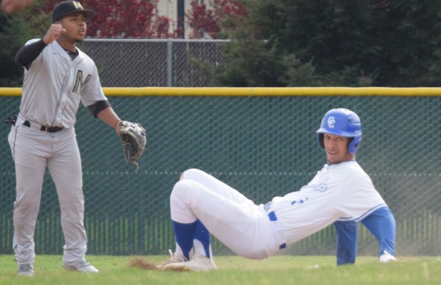 Comet outfielder Mychael Jamison slides in safely after stealing second base during Contra Costa College’s 12-3 defeat to the College of Marin on Monday at the Baseball Field.