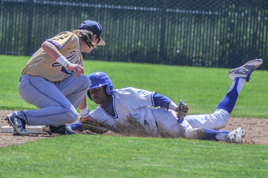 A Comet player slides safely into second base during Contra Costa College’s 8-2 win against Yuba College on April 14 on the Comet Baseball Field.
