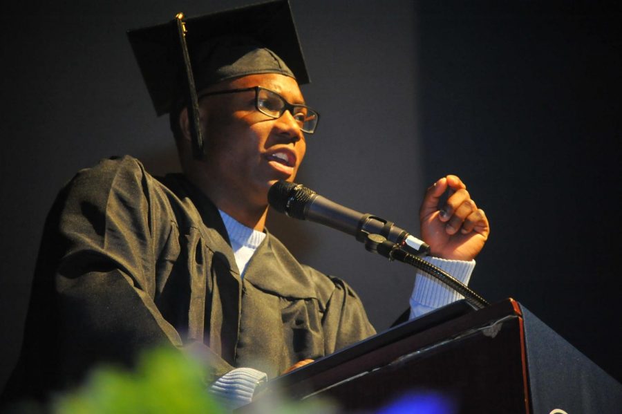 Associated Student Union President Alexander Walker-Griffin gives a speech to the Contra Costa College graduation class of 2018 during the graduation ceremony at the Richmond Auditorium on May 25. 