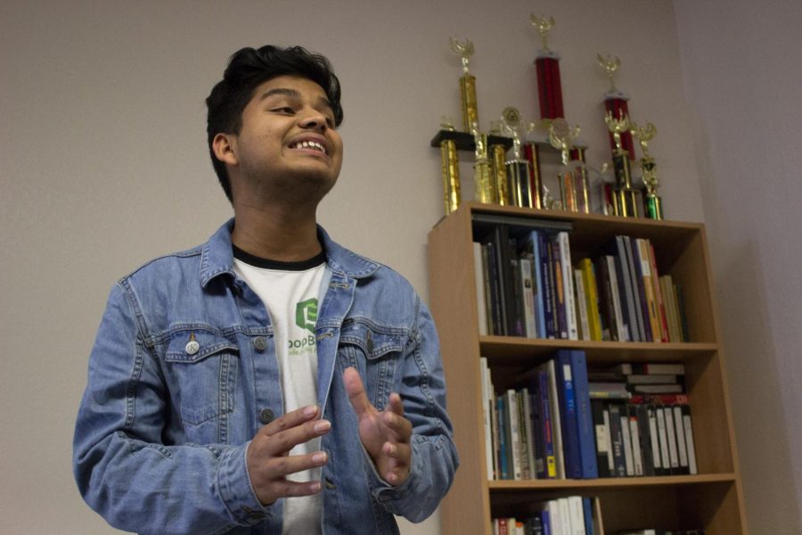 Speech team captain Shreejal Luitel practices a persuasive speech for an upcoming speech tournament in Stockton in the Speech Lab in AA-219 on Monday evening.