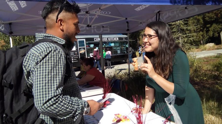 Student+activist+Marisol+Grace+%28right%29+talks+to+a+student+during+the+You%E2%80%99ve+Got+a+Friend+in+Me+Undocumented+Resource+Fair+in+the+Campus+Center+Plaza+on+Oct.+16