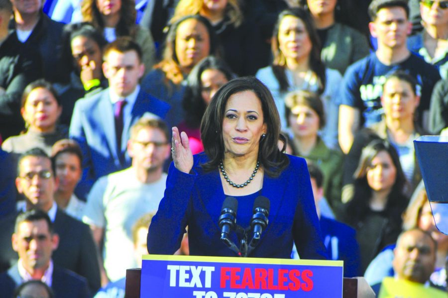 U.S. Senator Kamala Harris speaks to a crowd of around 20,000 people during the kick-off rally in Downtown Oakland, California on Jan. 17. Harris hopes to make history by becoming the first black female president in the 2020 election