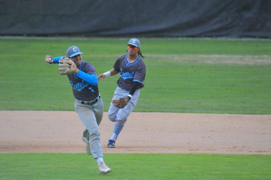 Comet shortstop Lucas Abbas throws a fielded ball as infielder Andruw Shaw runs behind him during Contra Costa College’s 6-3 win over Los Medanos College on Friday at the Baseball Field. 