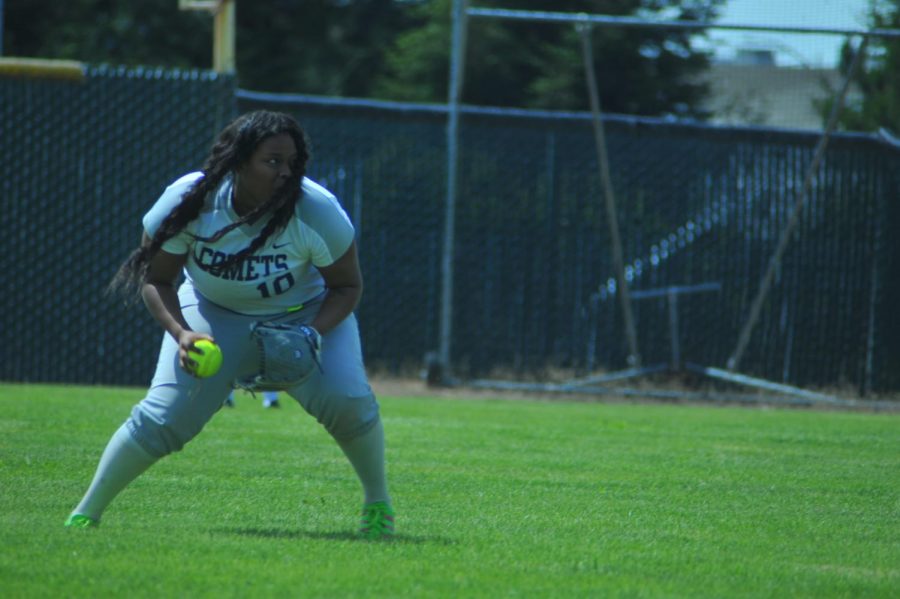 Comet infielder Brianna Williams picks up a pop up and gets ready to throw it  during Contra Costa College’s 21-2 loss against Mendocino College on April 19. 