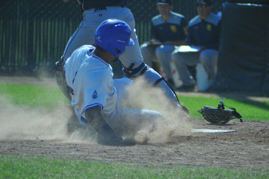 Comet second baseman Bryan Perez slides into home and was tagged out during Contra Costa College’s 5-4 win against Mendocino College at Comet Baseball Field on April 19. 