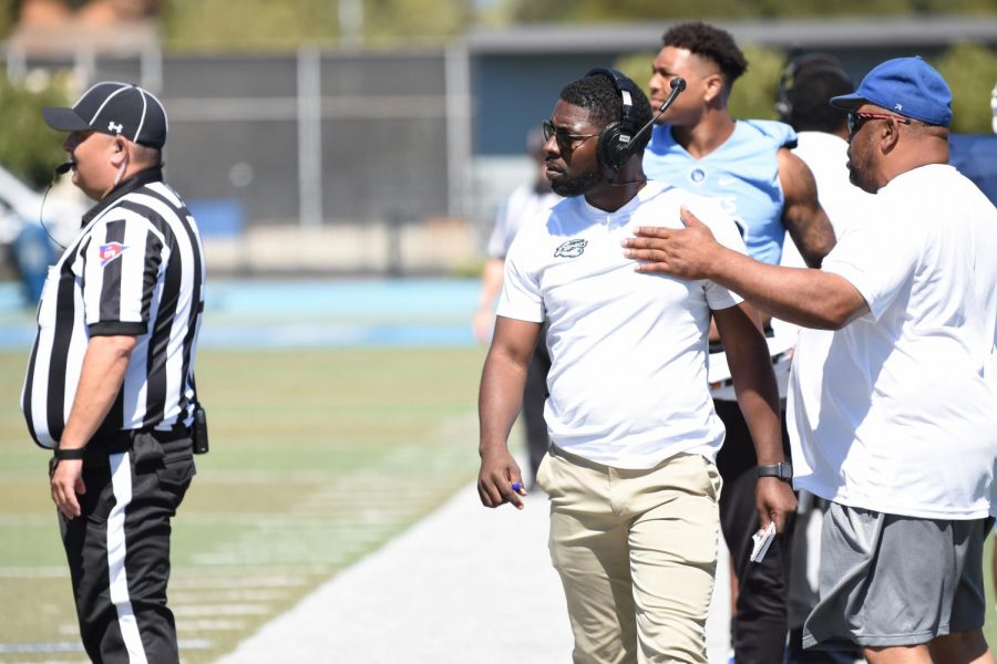Contra Costa College coach Pat Henderson 
walks down the Comet sideline after 
a dispute with an official after a call against the Comets during the football team’s 48-10 home opening defeat at the hands of Monterey Peninsula College on Saturday. 