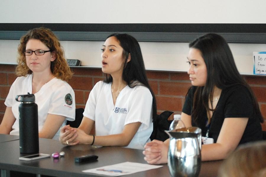 Krystle Mendoza (center) emphasizes the need of internships in order to build a resumé to Contra Costa Community College District students during a forum at Fireside Hall in 2017. 