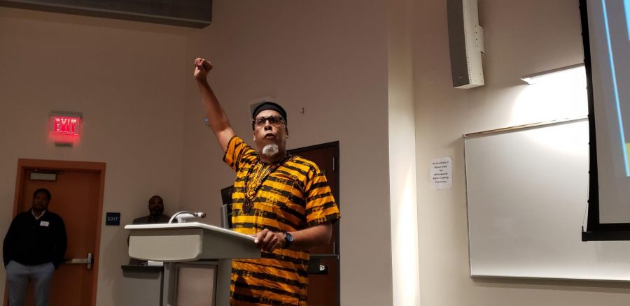 Professor Elliott Spirit encourages students to get educated and advance their knowledge of people of African descent during the Contra Costa College African American Male Symposium held Friday in GE-225.