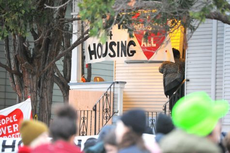 Supporters of
Dominique Walker, 45, and Sameerah Karim, 41, who began living illegally at the house at 2928 Magnolia on Nov. 18 and started the Moms4Hous-
ing organiz-
ation, gather
outside of the 
house after the mothers were evicted in Oakland, California on Jan. 14.
