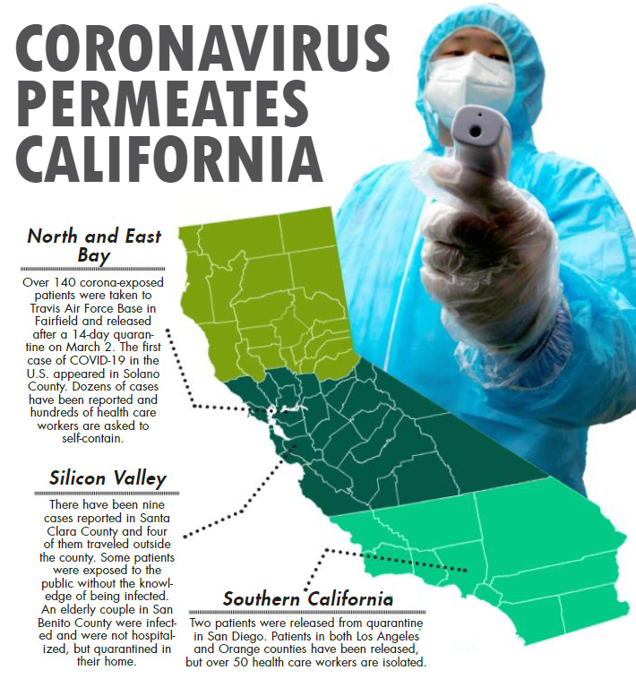 Information that spots that places in California where cases of the novel coronavirus have appeared with information up to date on March 3, 2020. Sourced by the Los Angeles Times.