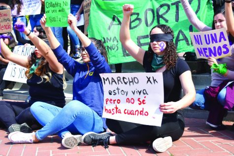 Women for Justice in Latin America, a  collective formed by UC Berkeley students and community leaders, protest against femicide at UC Berkeley in Upper Sproul Plaza in solidarity with #UnDiaSinNosotras on March 9.