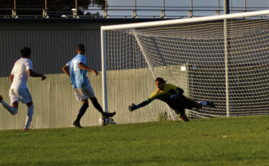 Defender Hector Mejia beats the outstretched Napa College goalie to score a goal for the Comets, in San Pablo, Calif., at Contra Costa College, on Friday, Oct. 22, 2021. (Photo/Joseph Porrello)
