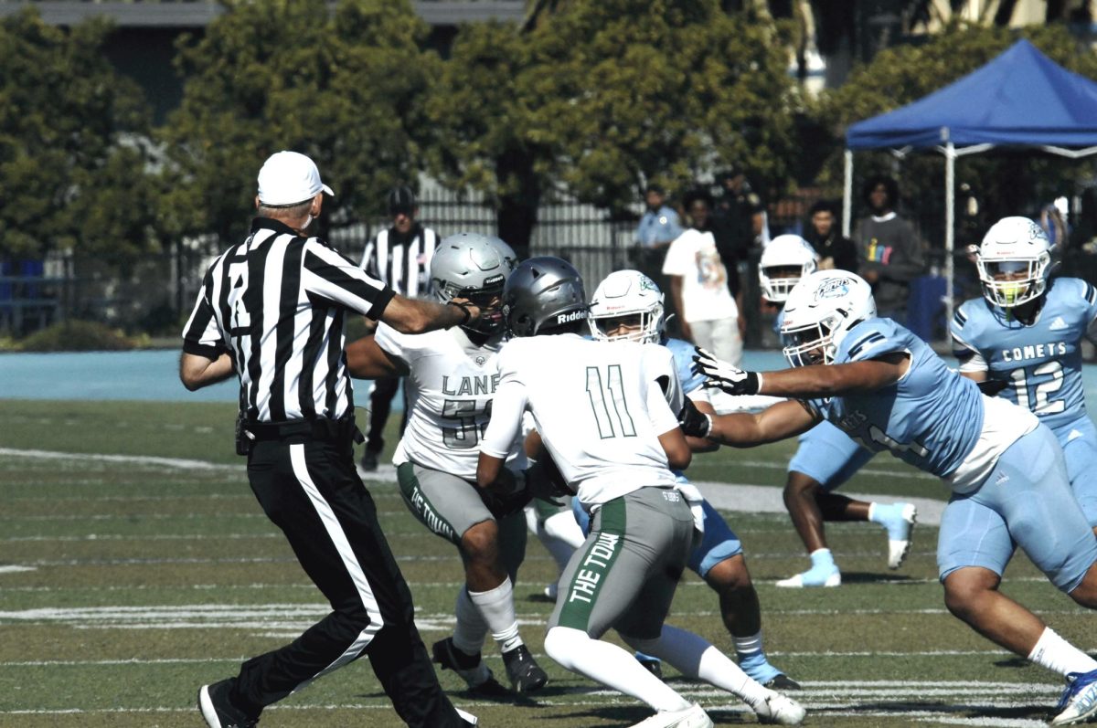 Contra Costa Comet player no#. 71, DL Arian Mosaddad, Makes it his mission, in assuring Laney College quarterback, has no window of opportunity for past.

San Pablo Ca 23 September 2023, Contra Costa College vs Laney College

