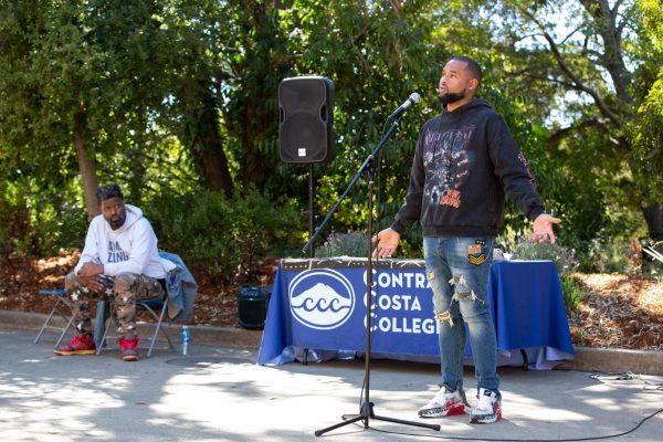 Shawn William, left, and Prentice Powell, right, are the two poets featured at Contra Costa Colleges Honoring Black Poetry event on October 12, 2023 in San Pablo, Calif.