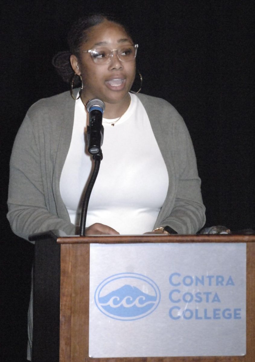 Alumnus Bridget Lott shares her experience of an African-American student during the 25th Anniversary Community Celebration, African Heritage Month, “Cultural Art: From Classical Africa to the Americas” at Contra Costa College in San Pablo, CA, Thursday, Feb. 8, 2024. 