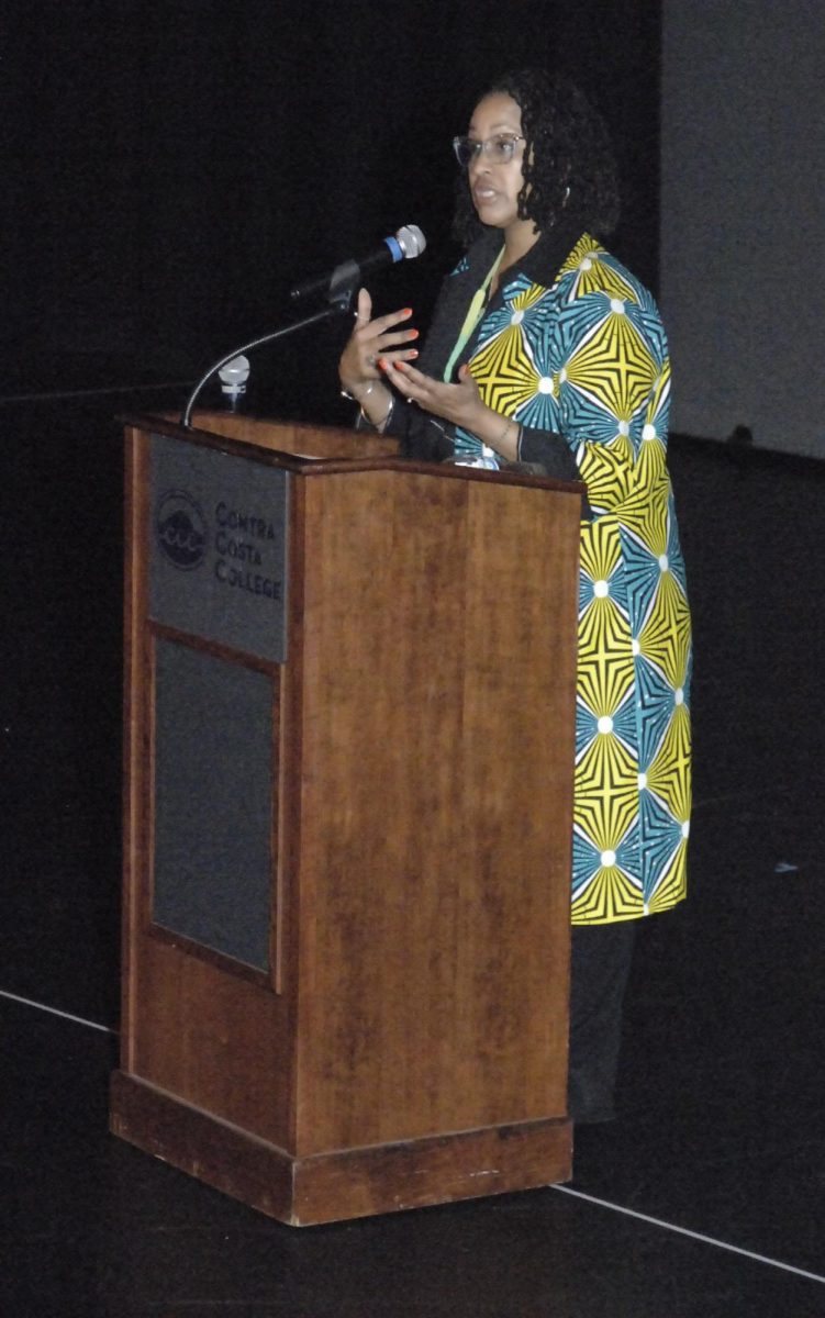 African Heritage Event Mistress of Ceremonies Prof Nzingha Dugas during the 25th annual African Heritage Month celebration, “Cultural Art: From Classical Africa to the Americas” at Contra Costa College in San Pablo, CA, Thursday, Feb. 8, 2024. 