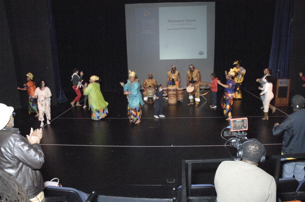 Guest speaker, Diamano Coura and her group invite the audience to join in during the 25th Anniversary Community Celebration, African Heritage Month, “Cultural Art: From Classical Africa to the Americas” at Contra Costa College in San Pablo, CA, Thursday, Feb. 8, 2024.