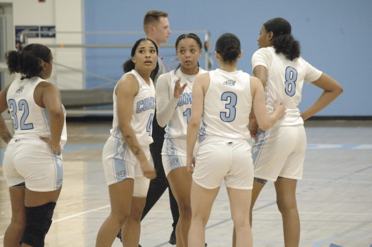 The Lady Comets come together, with a plan to control the game at the Contra Costa College vs. Solano College game at San Pablo, CA, on Wednesday, February 14, 2024.

