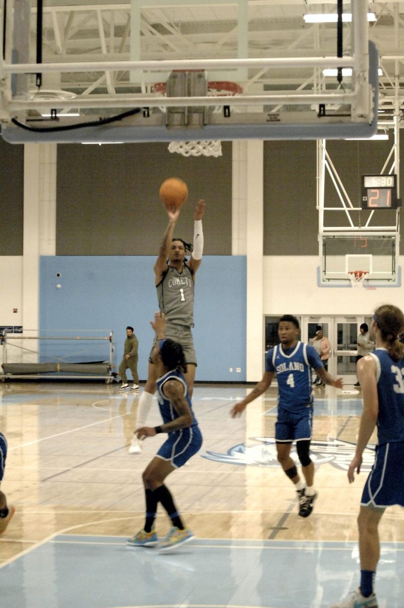 CCC player, Mikey Pierce stuns the Solano college players, as he goes airborne in scoring another point during the Contra Costa College vs. Solano College game in San Pablo, CA, on Wednesday, February 14, 2024.