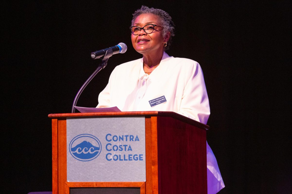 Contra Costa College President Kimberly R. Rogers speaks to the audience before introducing author Heather McGhee on Tuesday, Feb 13, 2024 in San Pablo, Calif. The event is part of the colleges ongoing 75th Anniversary celebration.