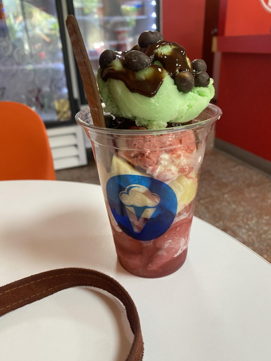 A cup of mora (blackberry) ice cream, frutos del bosque (fruits of the forest), topped with limón (lime) with a chocolate cookie, drizzled chocolate ganache and lastly topped with chocolate peanuts at La Neveria in San Salvador, EL Salvador, on Friday, December 22, 2023. 