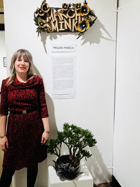 Artist, Megan March, standing for a photo during her art exhibit opening night at Eddie Rhodes Gallery in Contra Costa College, San Pablo, CA, on Friday, February 16, 2024. (Courtesy of Megan March)