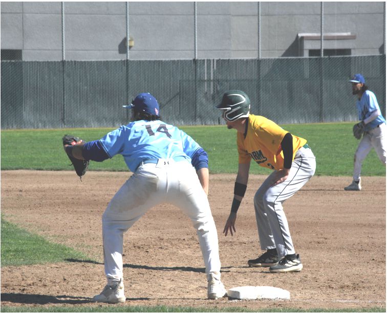 Contra Costa Comet player, Shane N. Bowen, sets himself up ready to tag the Napa player out in the Contra Costa College vs. Napa Valley College baseball game, at Contra Costa College in San Pablo, CA, on Saturday, March 16, 2024.