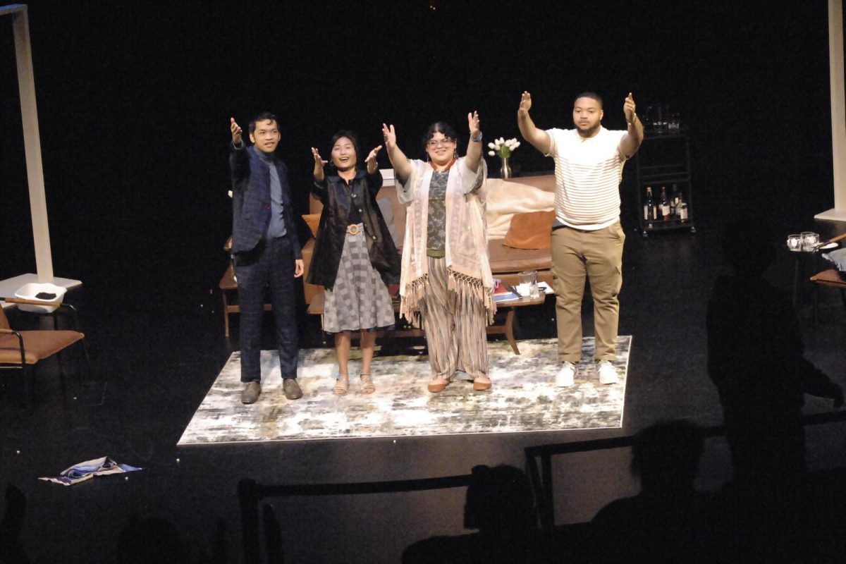 God of Carnage cast members, , (right to left) Shamir Lim, Eryn Yoo, Bella Gallegos and Jonathon Wade, thanking their audience after the performance, at John and Jean Knox Performing Arts Center, San Pablo, CA, 30 Mach 2024