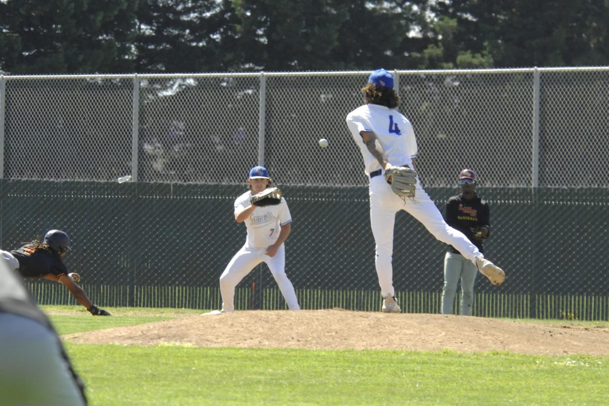 Contra Costa Comet player, Robert Crivello throws to Contra Costa Comet player, Matthew P. Hernandez, in an attempt to tag out, Los Medanos College player, at first base. Contra Costa College, Men’s Baseball game vs. Los Medanos College, San Pablo Ca 11 March 2024